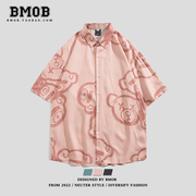 bmob夏季薄款卡通满印小熊，短袖衬衫男日系潮牌宽松bf风情侣装衬衣