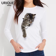 3d立体逼真萌猫咪莫代尔，长袖t恤女圆领可爱动物，图案印花情侣装