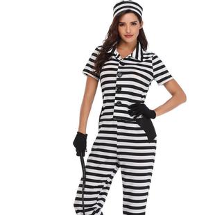 万圣节cosplay黑白条纹连体，裤女囚犯服装，出口日本游戏制服派对装