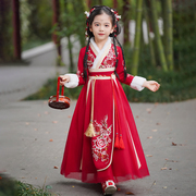 女童汉服儿童拜年服冬加绒连衣裙女孩唐装红色中国风舞台装演出服