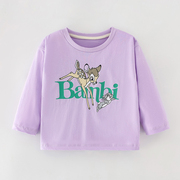 女童长袖紫色纯棉t恤宝宝，圆领上衣儿童春秋装女孩，小鹿打底体恤衫4