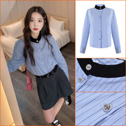 早秋女装法式气质淡蓝色条纹衬衫设计感小众薄款长袖上衣 K7153