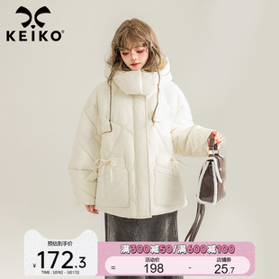 KEIKO 白色绗格短款棉服棉袄女冬季小个子加厚保暖连帽外套面包服