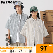 viishow潮牌日系条纹短袖衬衫，男2024夏季情侣，宽松百搭上衣服外套