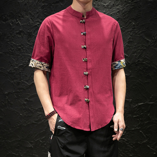 夏季中国风男装棉麻短袖，衬衫中式立领盘扣，唐装男短袖汉服半袖衬衣