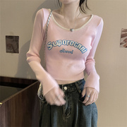 美式撞色短款长袖t恤针织衫女春季修身粉色打底衫小个子甜美上衣