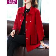 妈妈秋冬装羊毛呢，外套洋气中老年女装秋季时尚中长款红色大衣