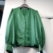 绿色V领法式纯色衬衫女春季时尚气质轻熟温柔风V领上衣小衫