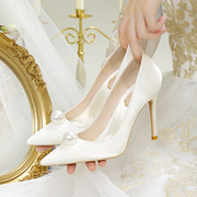 2022冬季婚鞋女细跟高跟鞋伴娘礼服白色法式婚纱结婚新娘鞋女