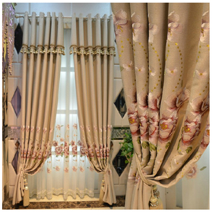 高档奢华欧式牡丹绣花亚麻，美式田园客厅卧室，遮光成品定制窗帘窗纱