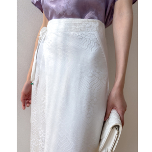 一片式围裹裙！新中式江水海崖纹真丝提花织锦缎半身裙长裙白色新