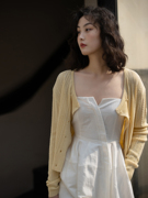 真丝亚麻棉纱线比柠檬黄，更柔和一度镂空花型针织小开衫女春款薄