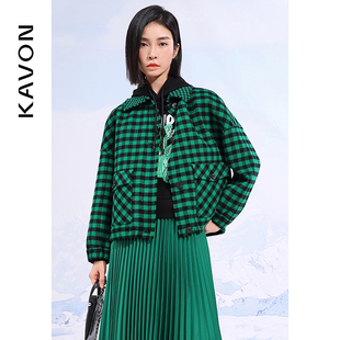 Kavon/卡汶经典格子复古气息箱型设计下摆抽绳小翻领设计羊毛外套