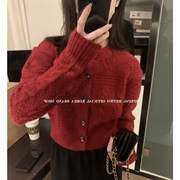 韩系短款复古麻花红色毛衣开衫针织外套女秋冬冬季加厚设计感上衣