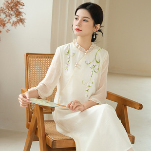 shian原创禅茶赋2023夏季新中式，国风手绘连衣裙女白色修身中长裙