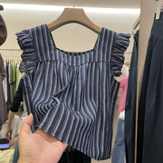法式条纹方领飞飞袖衬衫女2024夏设计感小众无袖小个子娃娃衫衬衣