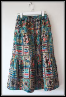 秋季民族风原创棉麻印花蓝色，方形花纹拼接长裙亚麻松紧腰半身裙