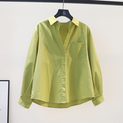果绿色棉衬衫女单口袋，长袖宽松衬衣2023秋季文艺范百搭上衣打底衫