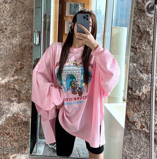 韩国春夏季女士棉小熊印花宽松慵懒风T恤打底衫粉色遮肉洋气