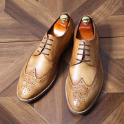 英伦男鞋布洛克款式雕花擦色复古手工鞋系带尖头，商务正装真皮鞋