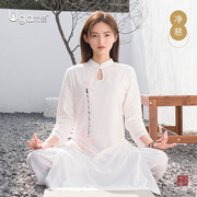 瑜伽服套装女春夏中式棉麻白色，瑜珈太极打坐冥想禅修服居士服