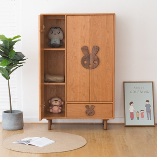 可爱兔全实木北欧创意儿童衣柜，樱桃木三门小衣橱环保儿童房家具