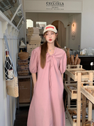 小番茄 韩系 小众设计  系带 泡泡袖 直筒连衣裙