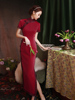 红色旗袍2023年女改良复古中国风短袖立领长款高端气质连衣裙