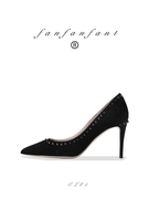 fanfanfant性感cl85高级黑色铆钉工作鞋，8.5cm舒适真皮高跟鞋