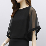 雪纺衫女短袖2024夏季韩版宽松洋气黑色，时尚网纱半袖显瘦上衣