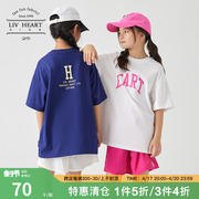 日本livheart儿童纯棉短袖t恤女童，夏季插肩袖印花圆领上衣中大童