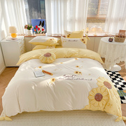 简约风40支色织水洗棉，床上用品花卉贴布刺绣立体蝴蝶结被套四件套