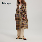 fabrique姜黄色(姜黄色)格纹翻领，休闲羊毛大衣，秋冬季长款毛呢外套女