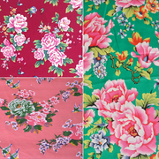 原创中国风全棉布料东北大，花布面料服装民族风怀旧绿色紫红牡丹花