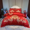结婚喜被床上用品棉贡缎，提花四件套大红色，纯全刺绣中式婚庆80支