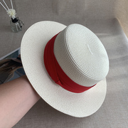 复古英伦平顶草帽中国红色带礼帽沙滩帽白色洋气女士平檐帽