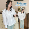 韩系童装青少年小清新大翻领衬衣女童复古衬衫，纯白色百搭森系上衣