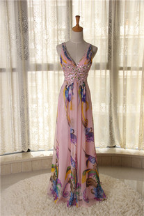 洛森d102粉红色印花漏背长款沙滩裙，礼服派对度假连衣裙手工钉珠