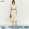 lily2024夏女装(夏女装)天丝，复古浪漫泡泡袖设计感压褶，气质v领连衣裙