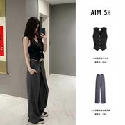 AIM SH 黑色缎面金扣粉色马甲背心灰色斜腰西裤长裤休闲裤女24SS