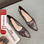 韩版女鞋2023春秋季低跟单鞋尖头鞋网布面仙女鞋百搭蕾丝鞋