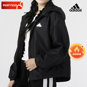 adidas阿迪达斯加绒夹克女春季连帽外套黑色，休闲服保暖运动服