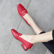 2023春季方头粗跟单鞋，女英伦风真皮低跟浅口工作鞋红色小皮鞋