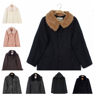 vintage古着孤品日本复古文艺羊毛呢大衣女式外套，动物毛真毛领