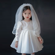 花童婚礼小女孩礼服高端女童白色婚纱儿童生日周岁宝宝公主裙秋季