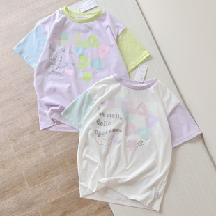 130-160 出口日本童装夏季薄棉宽松蝙蝠袖t恤 女大童奶油色系拼接