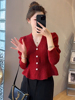 小香风红色毛衣外套女2023秋冬设计感气质显瘦针织开衫上衣