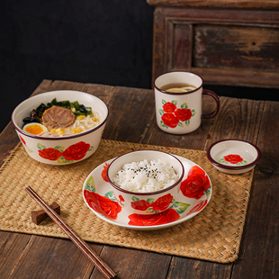 华孚中式手绘创意红玫瑰系列陶瓷，餐具套装家用米，饭碗圆盘碗碟套装