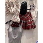 2024高腰韩版美式格子学院风短裙女设计感半身裙百褶裙蓬蓬裙