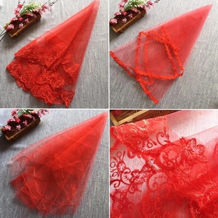 红色新娘头纱中式结婚婚礼蕾丝花边婚纱刺绣短款头纱1.5米长